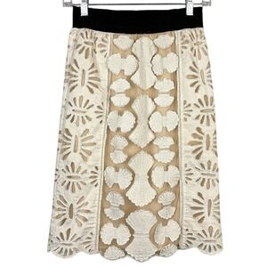 KAS New York Anthropology Pencil Skirt Womens XS-P Cream Floral Seashell Overlay